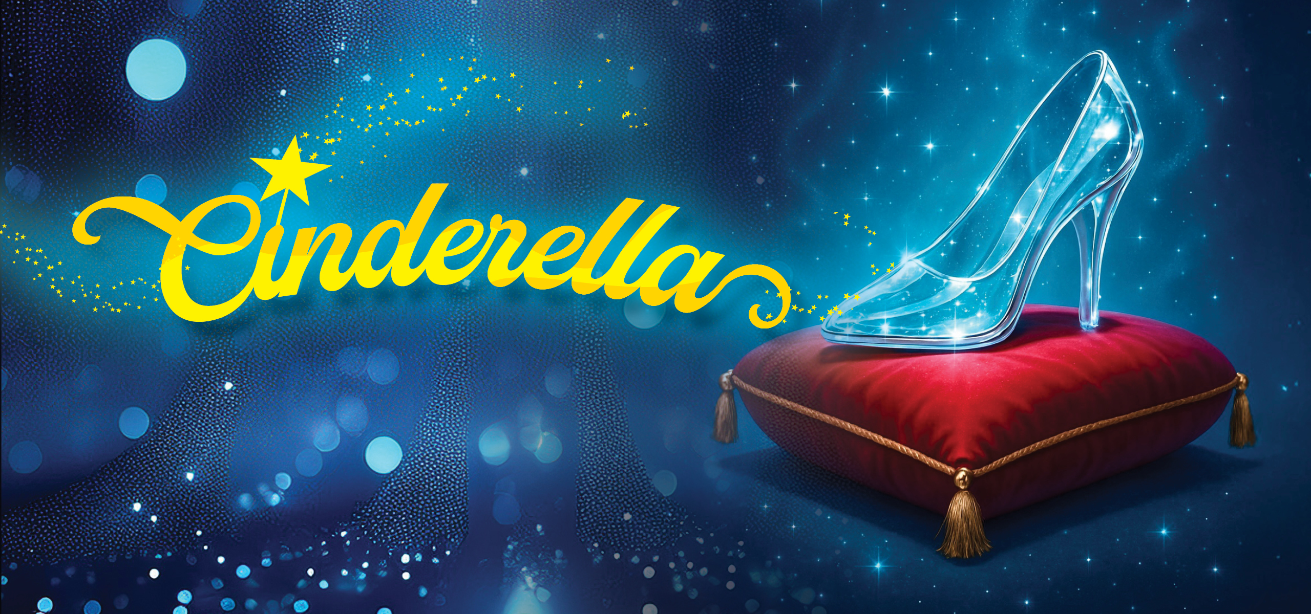 A blue background with the words Cinderella in yellow and a glass slipper sitting on a red cushion.